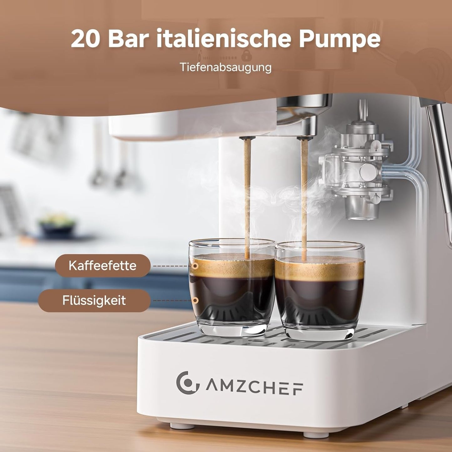 Macchina per caffè espresso AMZCHEF da 20 bar, display LED, montalatte professionale e lancia vapore in acciaio inossidabile, serbatoio rimovibile da 1,5 l, riscaldamento rapido 1350 W, bianco