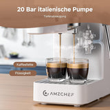 Macchina per caffè espresso AMZCHEF da 20 bar, display LED, montalatte professionale e lancia vapore in acciaio inossidabile, serbatoio rimovibile da 1,5 l, riscaldamento rapido 1350 W, bianco