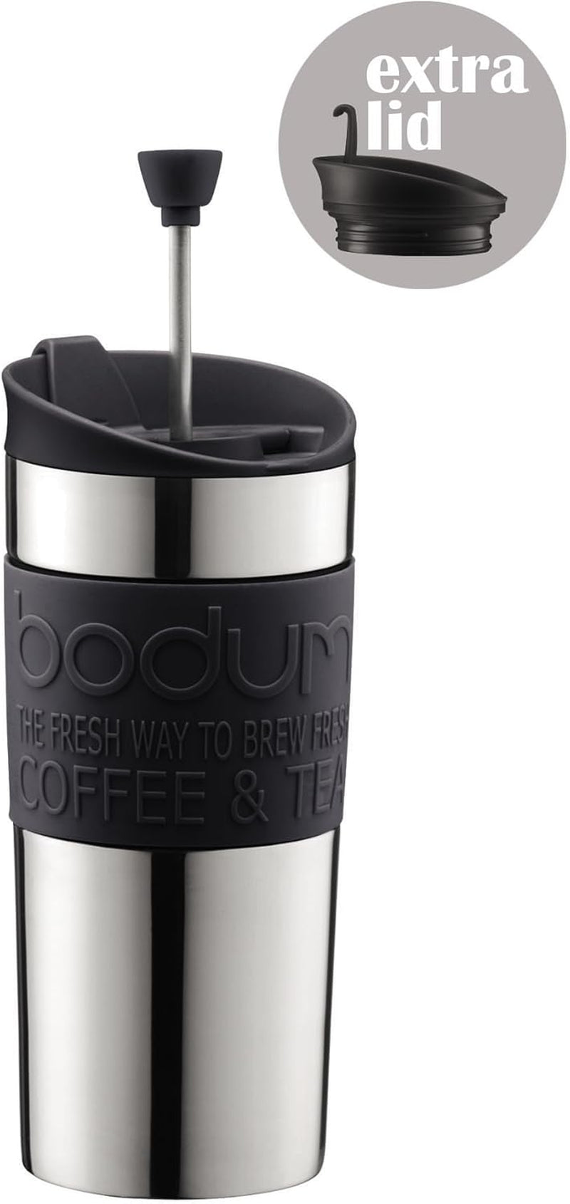 Bodum K11067-01 Caffettiera da viaggio in acciaio inossidabile nera con coperchio di ricambio 350 ml