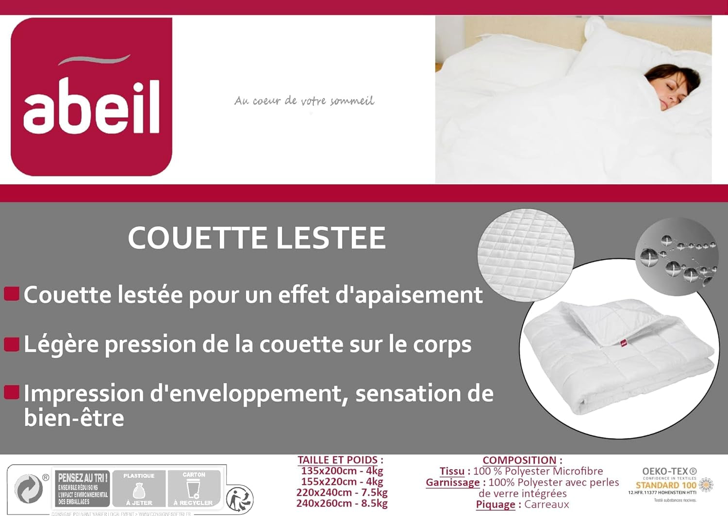 Coperta ponderata Abeil, 7,5 kg, 220 X 240 cm, effetto calmante, bianco Piumini e trapunte Naty Shop