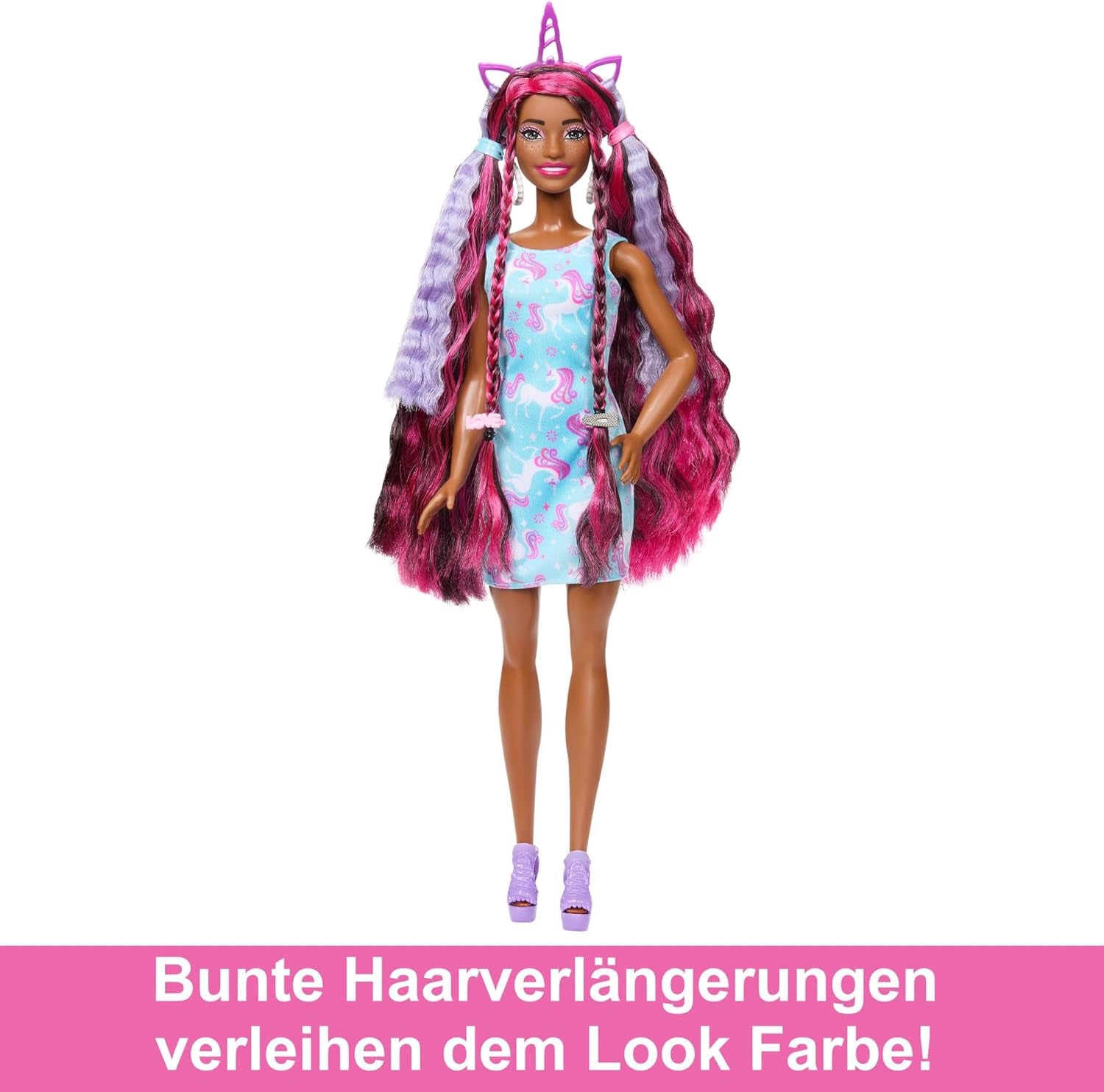 Barbie Doll Capelli divertenti ed eleganti con capelli neri colorati extra lunghi e vestito rosa scintillante 10 acconciature e accessori moda JDC86