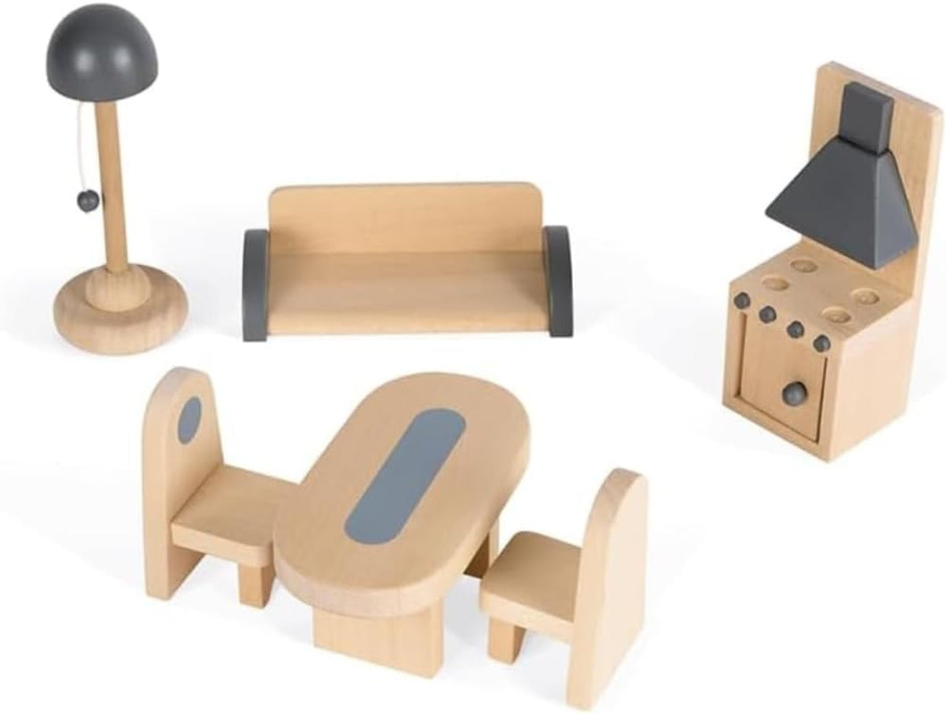 Janod Mademoiselle Casa delle bambole in legno a 3 piani con 11 accessori, giocattolo replica, sviluppa l'immaginazione, dai 3 anni in su, J06581