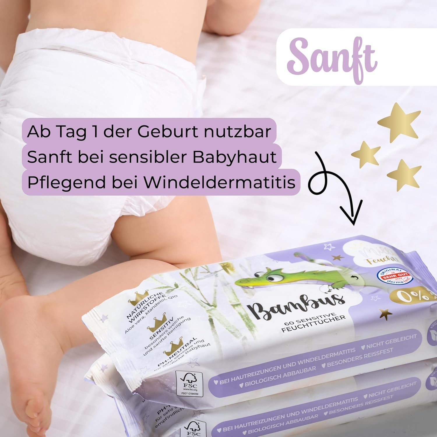 Salviette umidificate Millis Bamboo Baby Sensitive per la pelle delicata del bambino - 5 x 60 pezzi - Pulizia naturale, delicata e sostenibile - Salviette biodegradabili per neonati, senza plastica e senza alcool