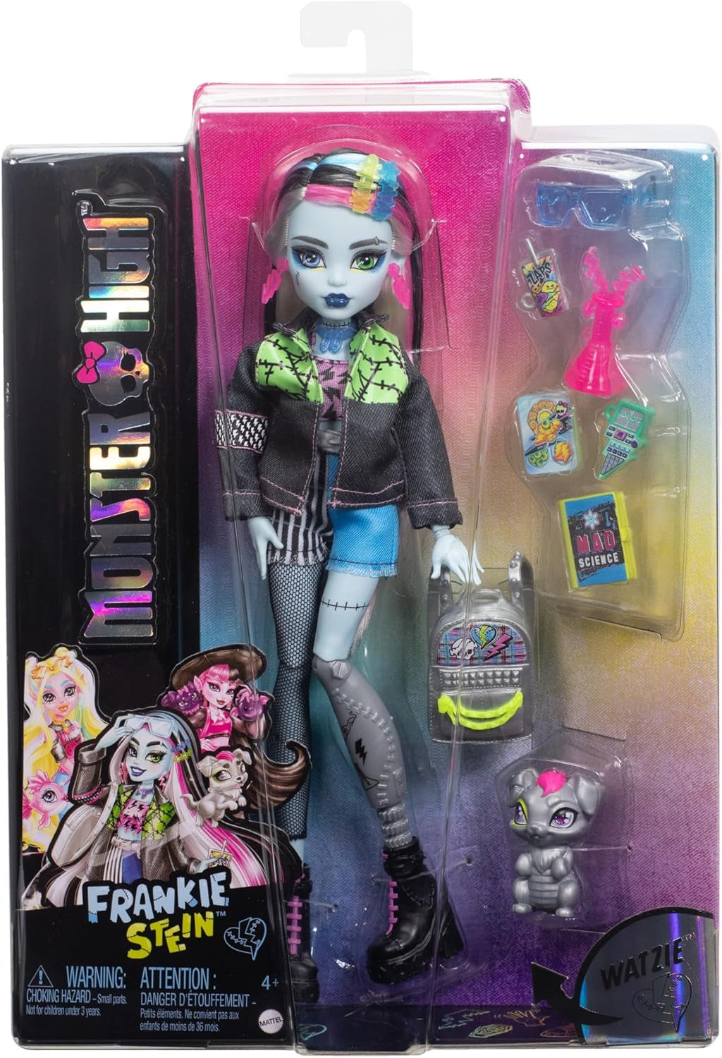 Monster High Frankie Stone bambola in giacca di jeans e pantaloncini, include cane Watzie e accessori come zaino, snack e taccuino, HXH73 Naty Shop Dolls
