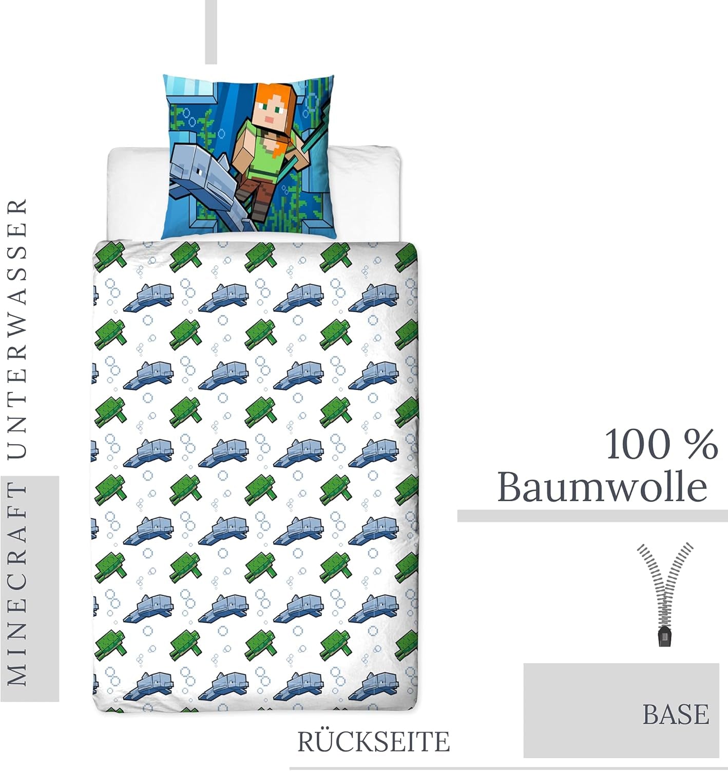Minecraft Bedding Kinderbettwäsche Jugendbettwäsche 135X200 · Unterwasserwelt · Wende Motiv · Kissenbezug 80X80 + Bettbezug 135X200 Cm · 100% Baumwolle · Deutsche Größe Naty Shop