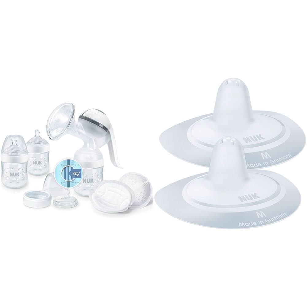 Tiralatte manuale NUK Nature Sense | Set da allattamento con tiralatte manuale, biberon e coppette assorbilatte Ultra Dry Comfort | 6 pezzi Accessori Alimentazione e Allattamento Bebe Naty Shop Confezione con protezione capezzolo Con controllo della temperatura