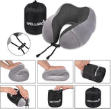 WELLGRO Set Cuscini per Collo con Maschera per Dormire 3D e Tappi per Le Orecchie - Fodera Rimovibile - Memory Foam - Chiusura con Cerniera - Inclusa Custodia - Cuscino da Viaggio - Colore Selezionabile, Colore:Grigio Cuscini Ortopedici Cervicali Naty Shop