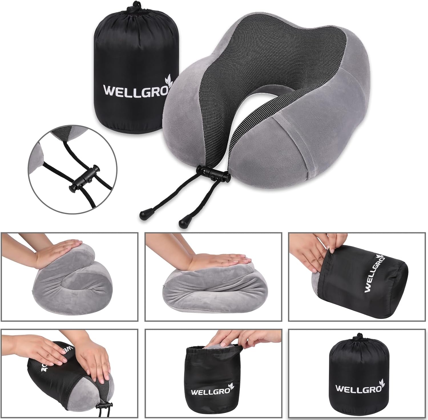 WELLGRO Set Cuscini per Collo con Maschera per Dormire 3D e Tappi per Le Orecchie - Fodera Rimovibile - Memory Foam - Chiusura con Cerniera - Inclusa Custodia - Cuscino da Viaggio - Colore Selezionabile, Colore:Grigio Cuscini Ortopedici Cervicali Naty Shop