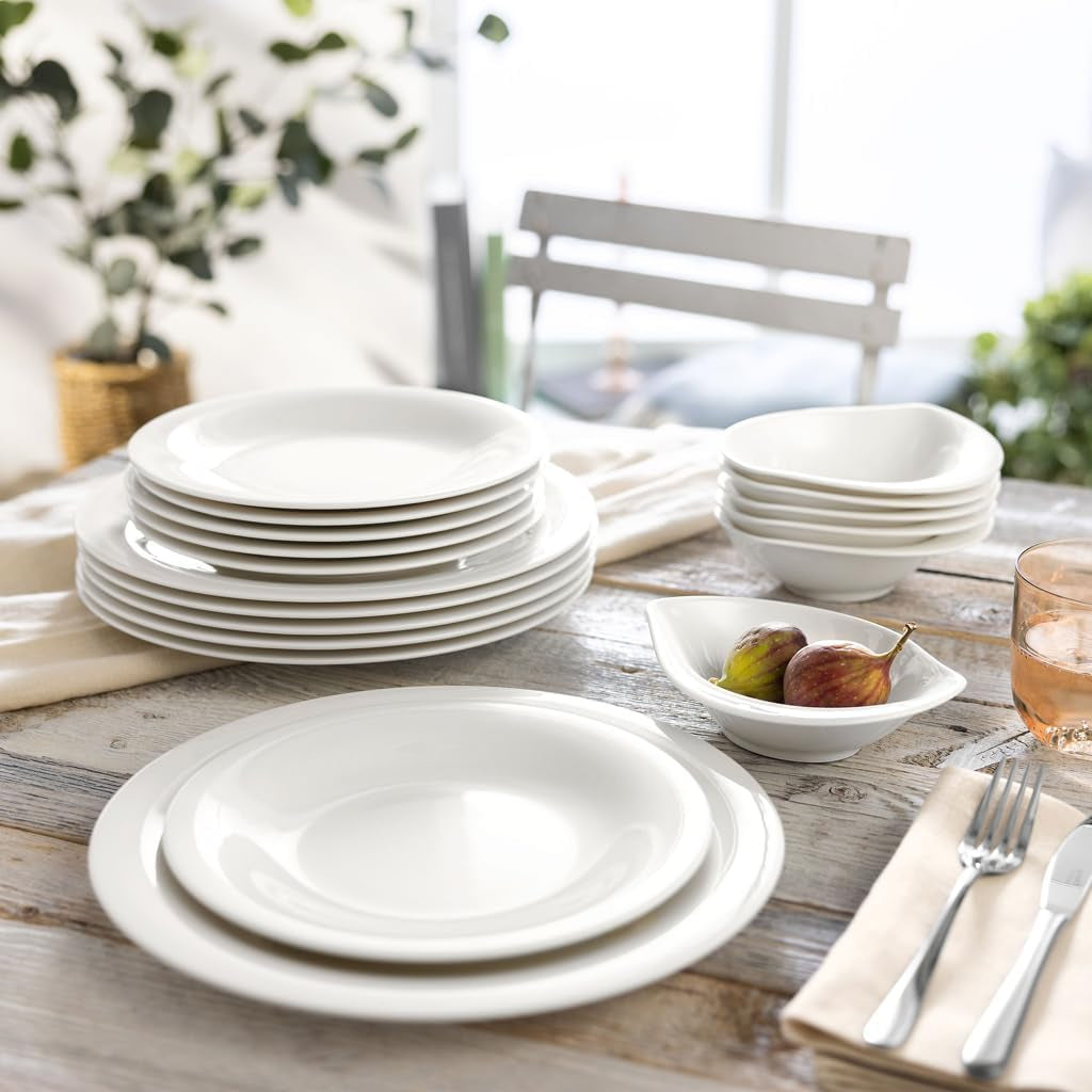 vivo - Villeroy & Boch Group – Servizio Piatti Essential Bianco 18 tlg. Weiß, Spülmaschinenfest, Mikrowellensicher, Geschirr Set für 6 Personen, Müslischalen, Speiseteller, Dessertteller, Premium Porzellan