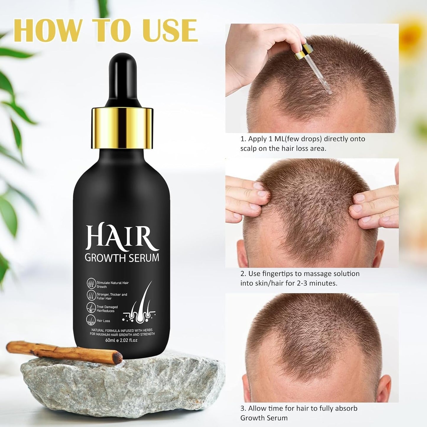 Olio biologico per la crescita dei capelli al 5% - Soluzione per uso esterno - Crescita e ispessimento dei capelli - Per perdita e diradamento dei capelli maschili - Riattiva i follicoli che si restringono - Dispenser a pompa preciso, Cura dei capelli da 60 ml Naty Shop