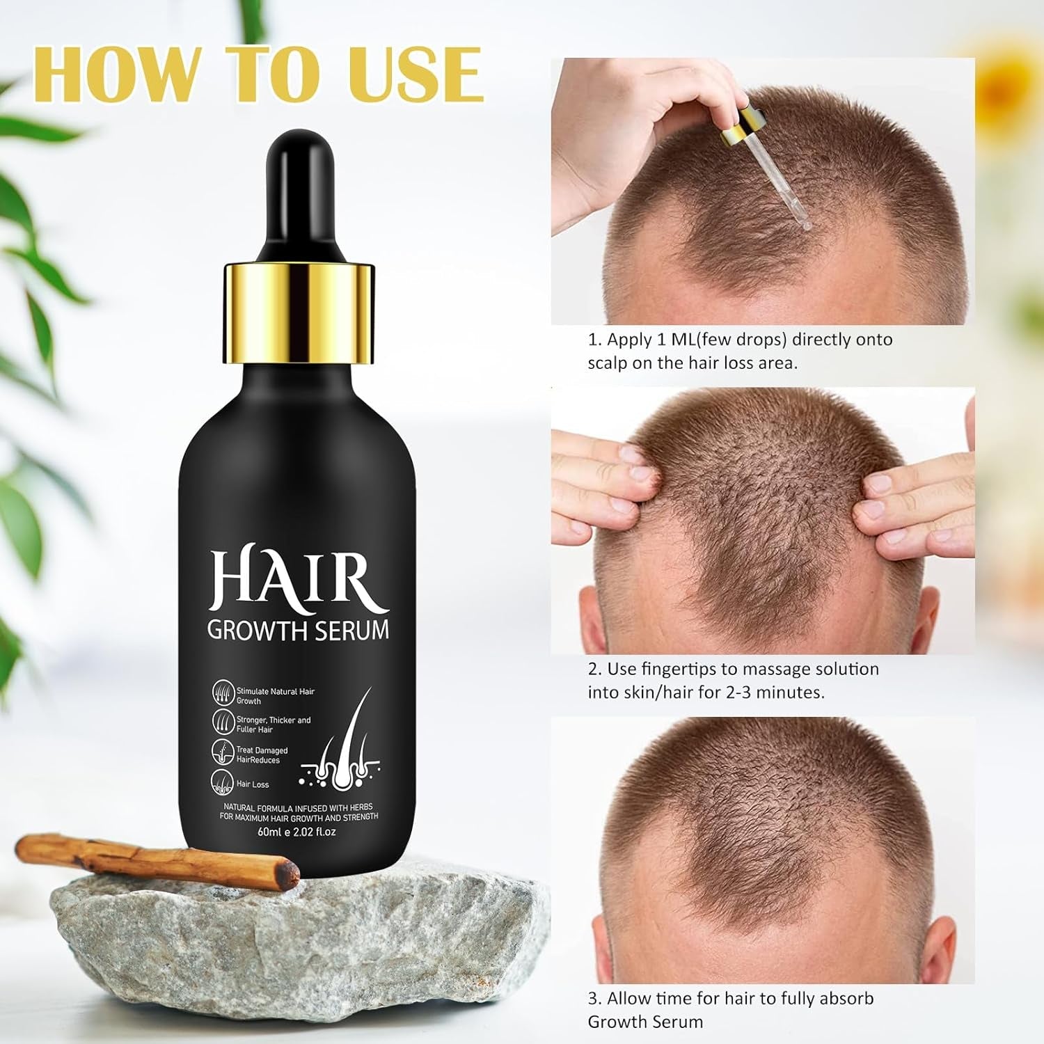 Olio biologico per la crescita dei capelli al 5% - Soluzione per uso esterno - Crescita e ispessimento dei capelli - Per perdita e diradamento dei capelli maschili - Riattiva i follicoli che si restringono - Dispenser a pompa preciso, Cura dei capelli da 60 ml Naty Shop