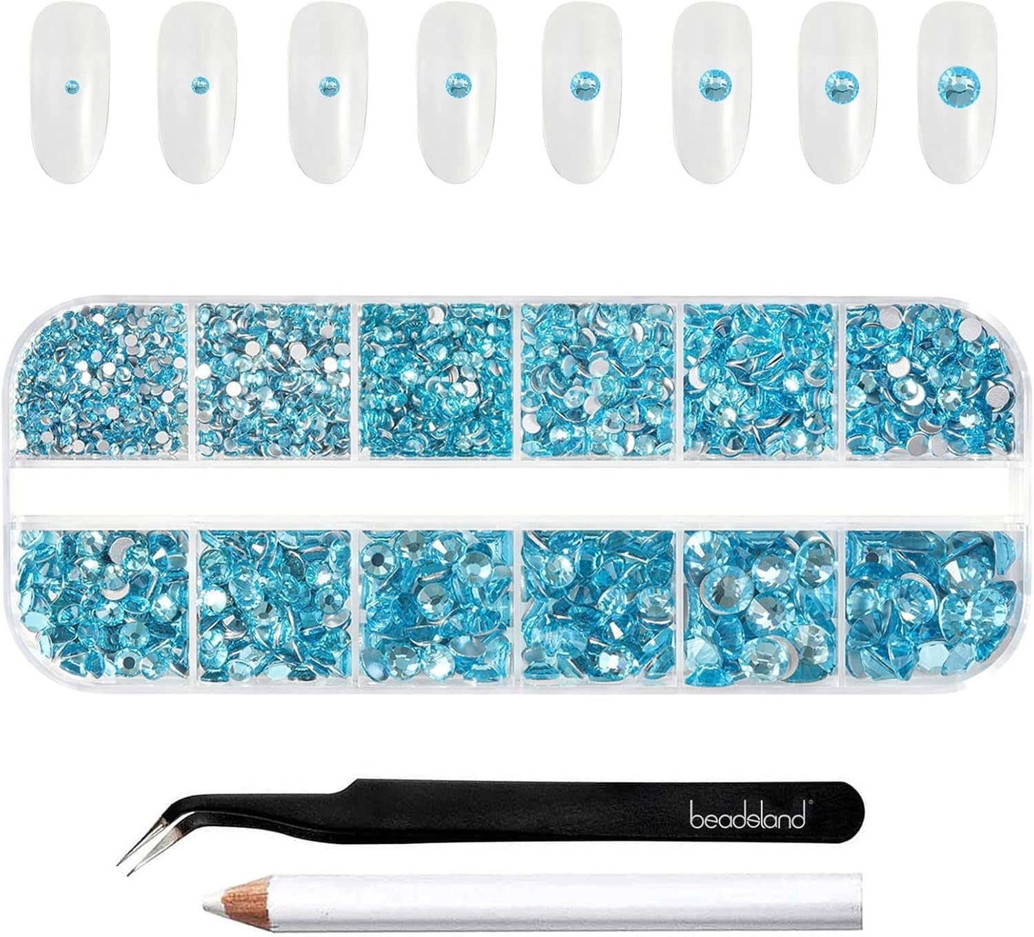 Beadsland 2500 pezzi di vetro per nail art strasssteine ​​​​Kristall Flatback Edelsteine ​​​​Runde, ​​für Handwerk Gemischt 8 Größen SS4 ~ SS30 con picking Pinzette e Stift (Kristall Weiss)