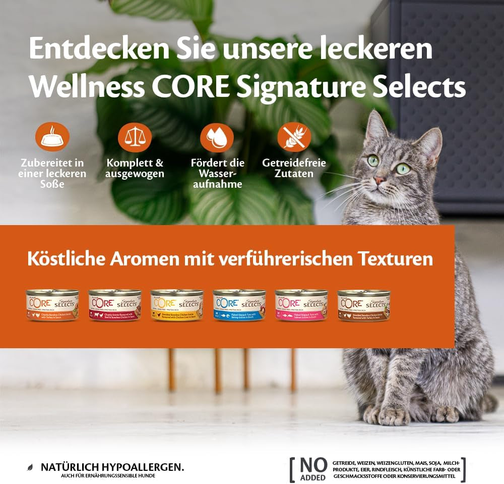 Wellness CORE Signature Selects 8 x 79g, Pollo e Tacchino Mix - Cibo umido per gatti, deliziose strisce in salsa, senza cereali, naturale, ipoallergenico, ricco di proteine, ricco di carne
