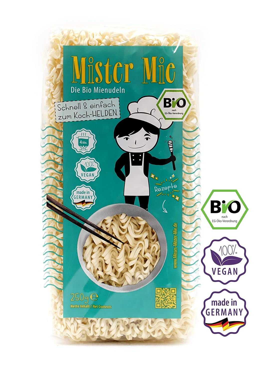 1 x 250g Mister Mie BIO Noodles Vegan Mienudeln DE-ÖKO-003 Noodles asiatici realizzati in DE