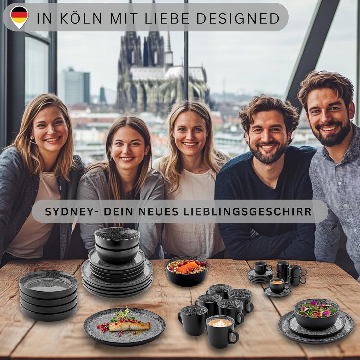 SANGER Sydney | Set di tazzine da caffè in ceramica da 12, set di tazze da moka per 6, tazze e piattini, lavabili in lavastoviglie e adatti al microonde, grigio scuro, 80 ml | LA COLLEZIONE DI VALORE