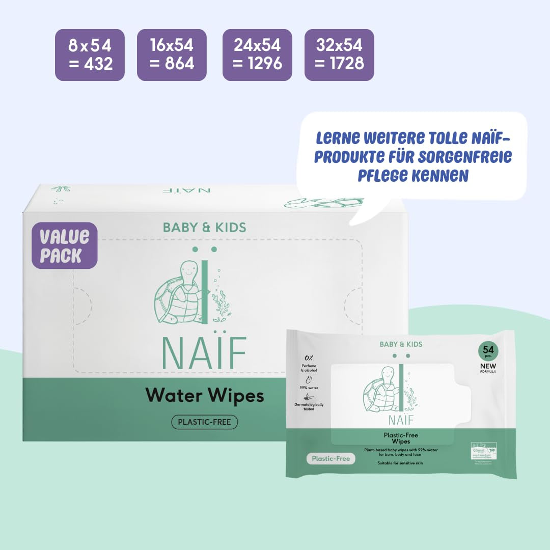 Salviette per neonati Naïf senza plastica 432 pezzi (confezione da 8 x 54 salviette) - Cura del sedere, del corpo e del viso del bambino - 99% acqua - 0% profumo e alcol - Scatola di salviette umidificate sostenibili, eucalipto sensibile