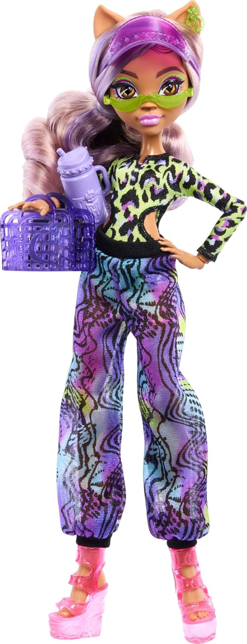Monster High Scare Adise Island Clawdeen Wolf bambola con costume da bagno, pantaloni da jogging e accessori da spiaggia come visiera, borraccia e libro