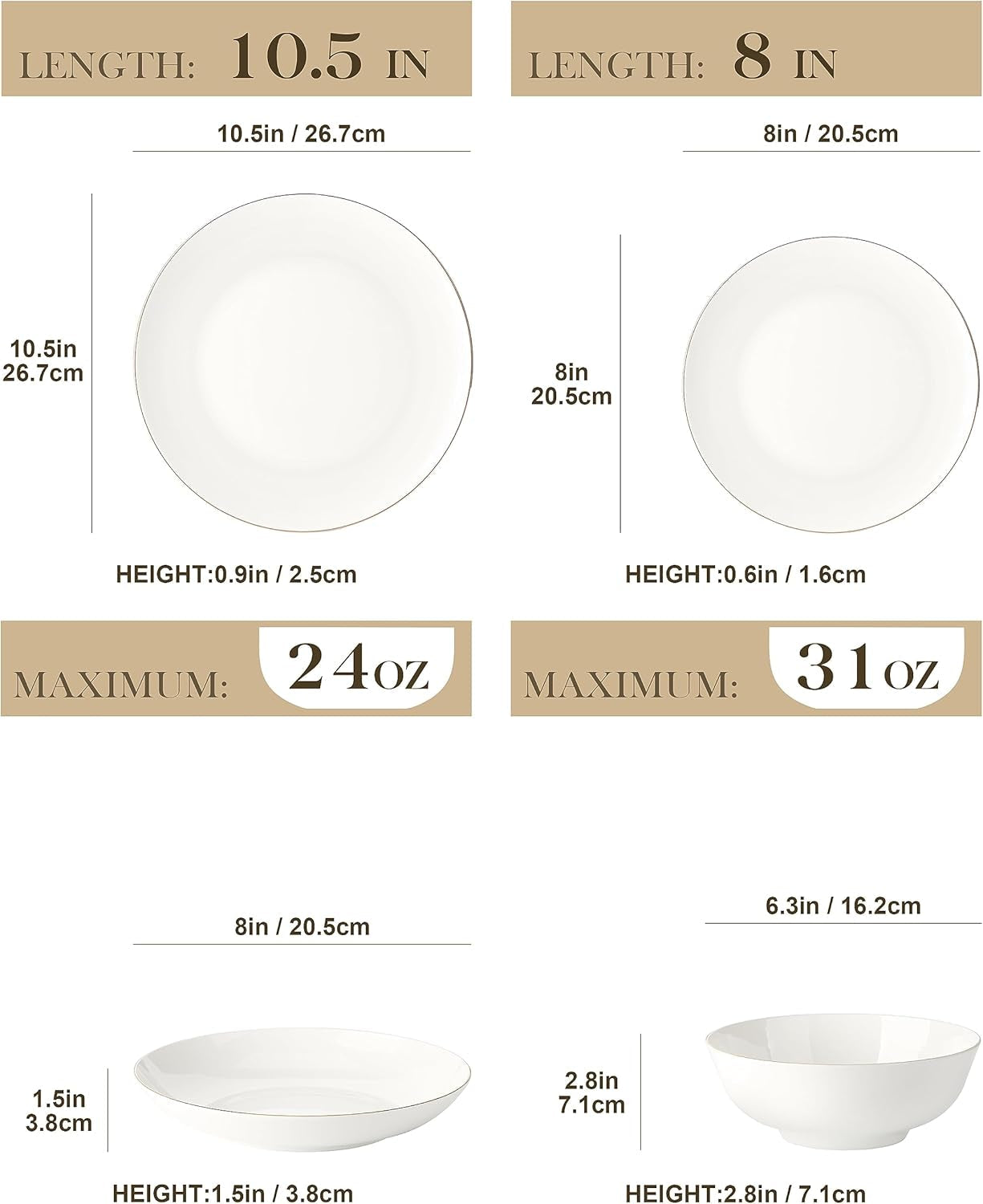 MALACASA Servizio Piatti 4 Persone Bone China Servizio Piatti 16 Pezzi Rotondo Bianco con Bordo Oro Set Combinato di 4 Piatti Piani 4 Piatti Dessert 4 Piatti Suma e 4 Ciotole per Cereali Serie NORI