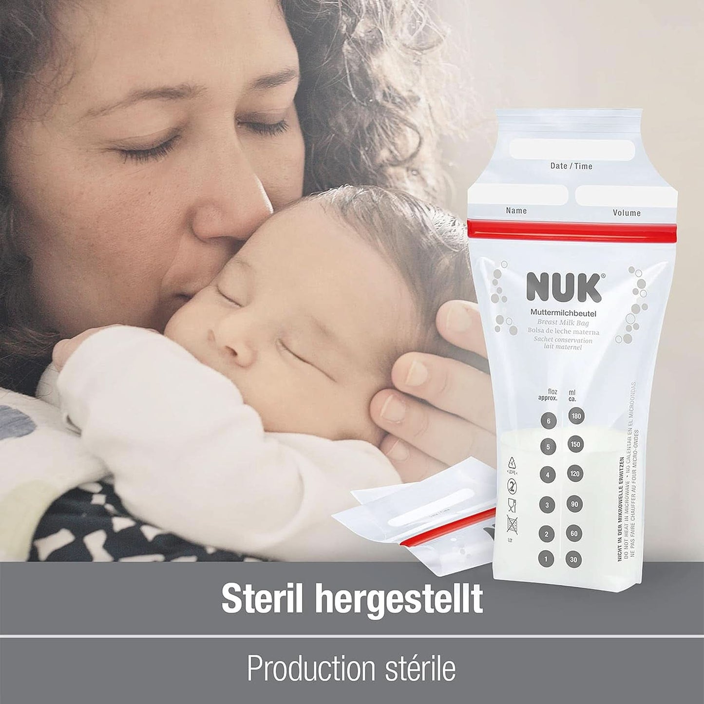 Sacchetti per latte materno NUK, salvaspazio e utilizzabili subito, 180 ml, 25 pz, trasparenti Accessori Alimentazione e Allattamento Bebe Naty Shop