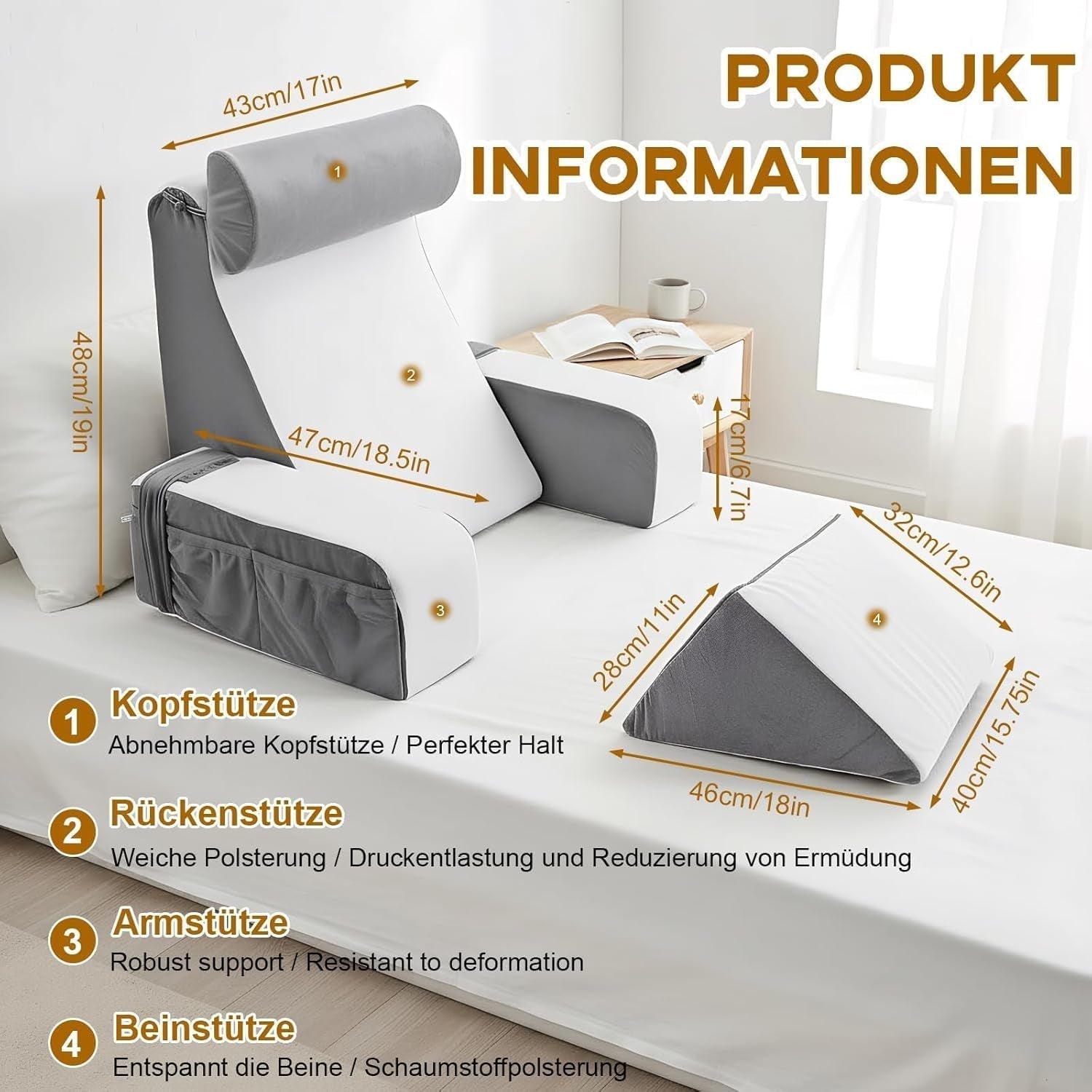 Cuscino da lettura con supporto per collo e braccioli staccabili, cuscino per la schiena comodo e leggero per letto e divano, cuscino per la schiena per adulti, schienale in memory foam per leggere, guardare la TV e videogiochi