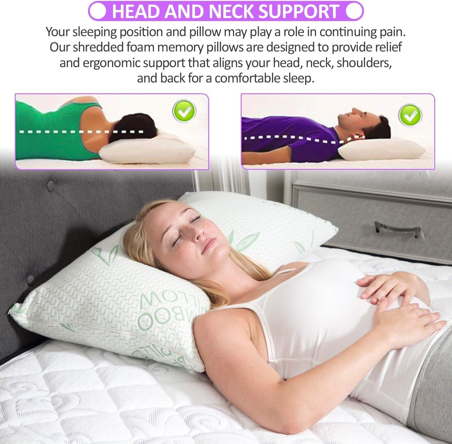 Cuscino King Size in bambù, confezione da 2 - Cuscino per letto regolabile in memory foam triturato, per schiena, pancia, fianco, fodera rimovibile, alternativa rinfrescante al piumino per hotel, King (confezione da 2) Naty Shop Cuscini standard