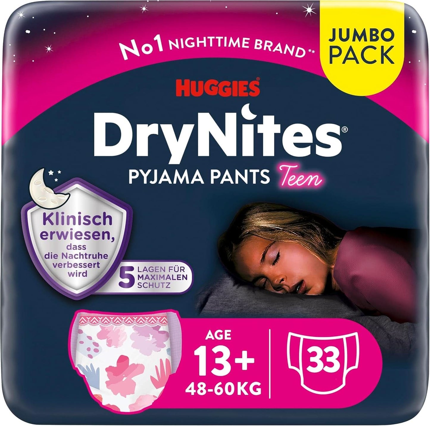 Huggies Drynites Nachtwindeln Bei Bettnässen, Für Mädchen Ab 13 Bis Ca. 17 Jahre (48-60 KG), 33 Stück (3X11), Jumbo-Monatspack, Pannolini-Pantaloni XL Accessori Alimentazione e Allattamento Baby Naty Shop