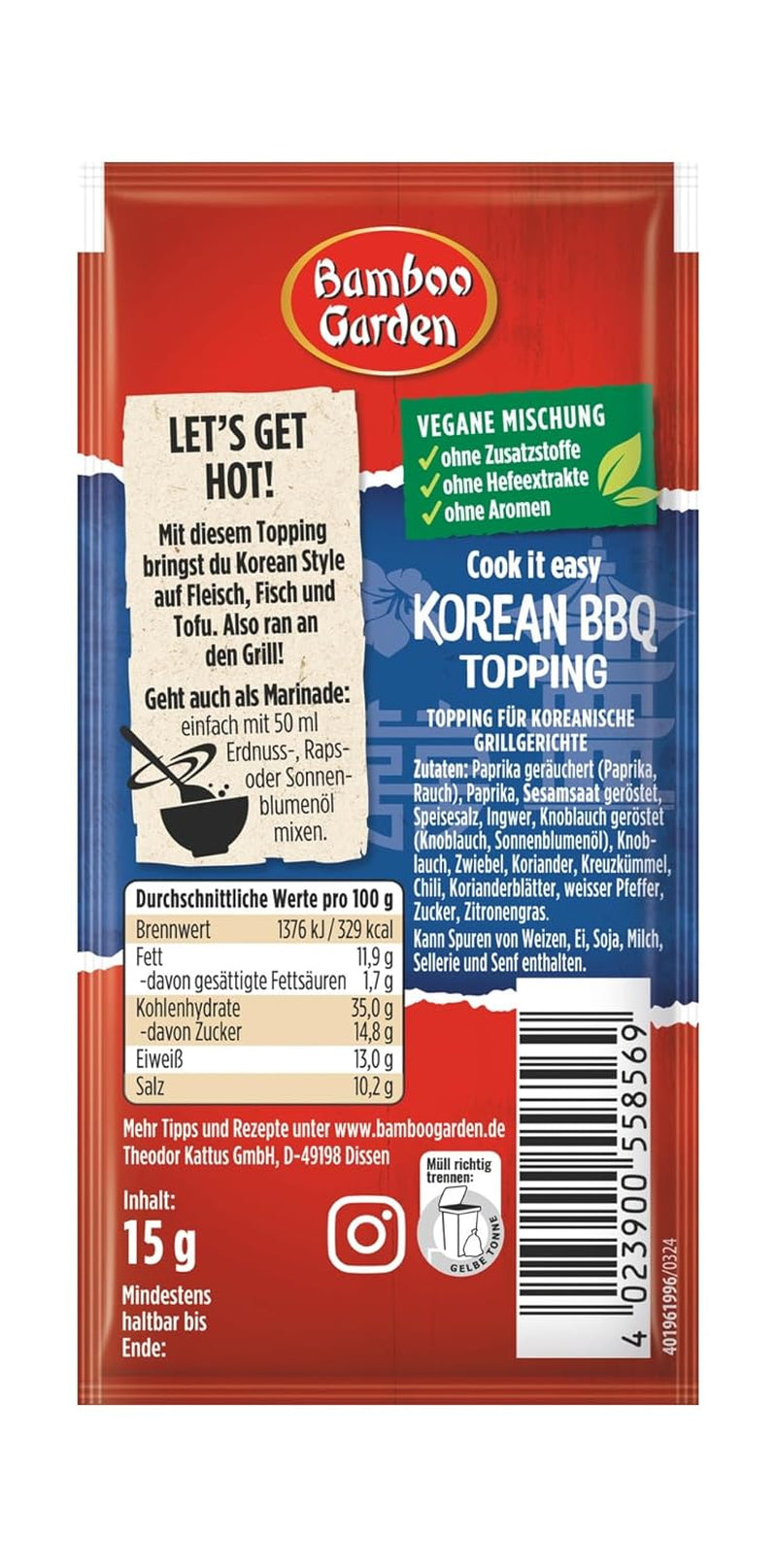 Bamboo Garden - Topping per barbecue coreano | Gewürztopping zum Verfeinern von Koreaischen Grillgerichten | Ingredienti vegani e naturali | 15 g in busta