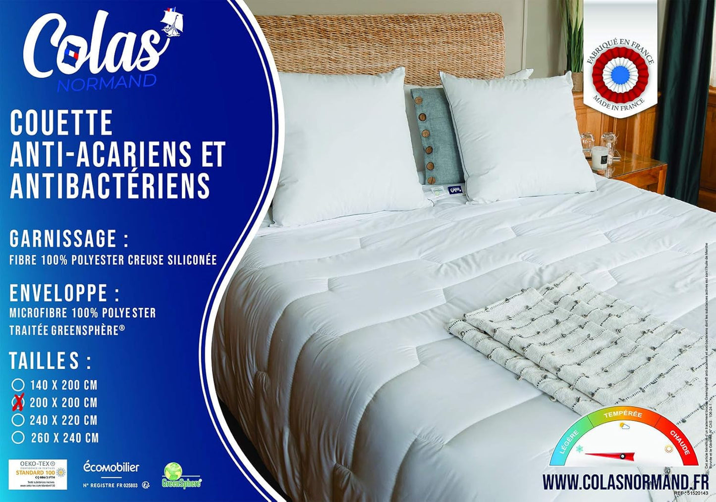 COLAS NORMAND Piumino antiacaro e antibatterico, leggero, 200 X 200 cm, effetto lunga durata, igiene perfetta, microfibra, morbido e confortevole, lavabile, francese, bianco 53130248 Naty Shop Trapunte e Trapunte