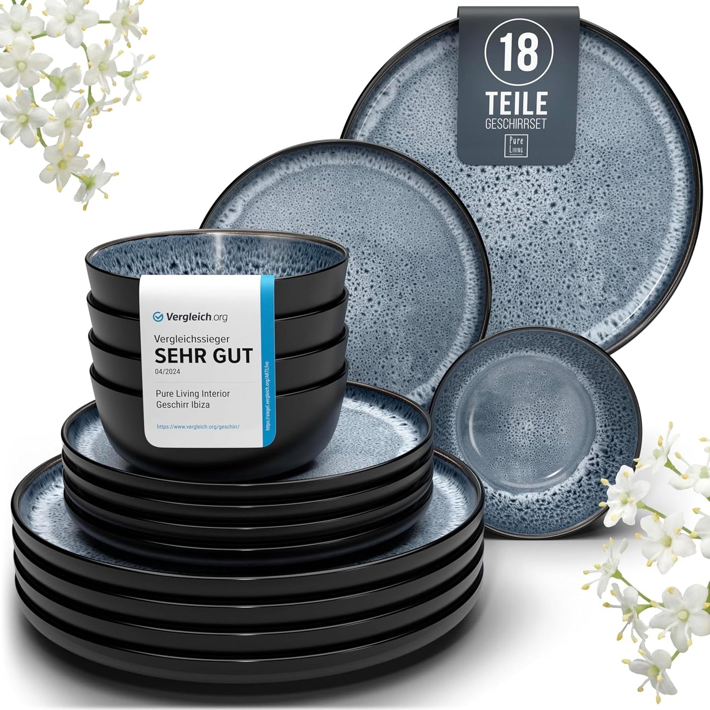 Servizio stoviglie 18 pezzi in gres ceramica per 6 persone, design Ibiza, VINCITORE DEL TEST. Uno splendido set di stoviglie mediterranee in gres ceramico comprensivo di ciotole e piatti. Set di stoviglie Pure Living in blu fumoso.