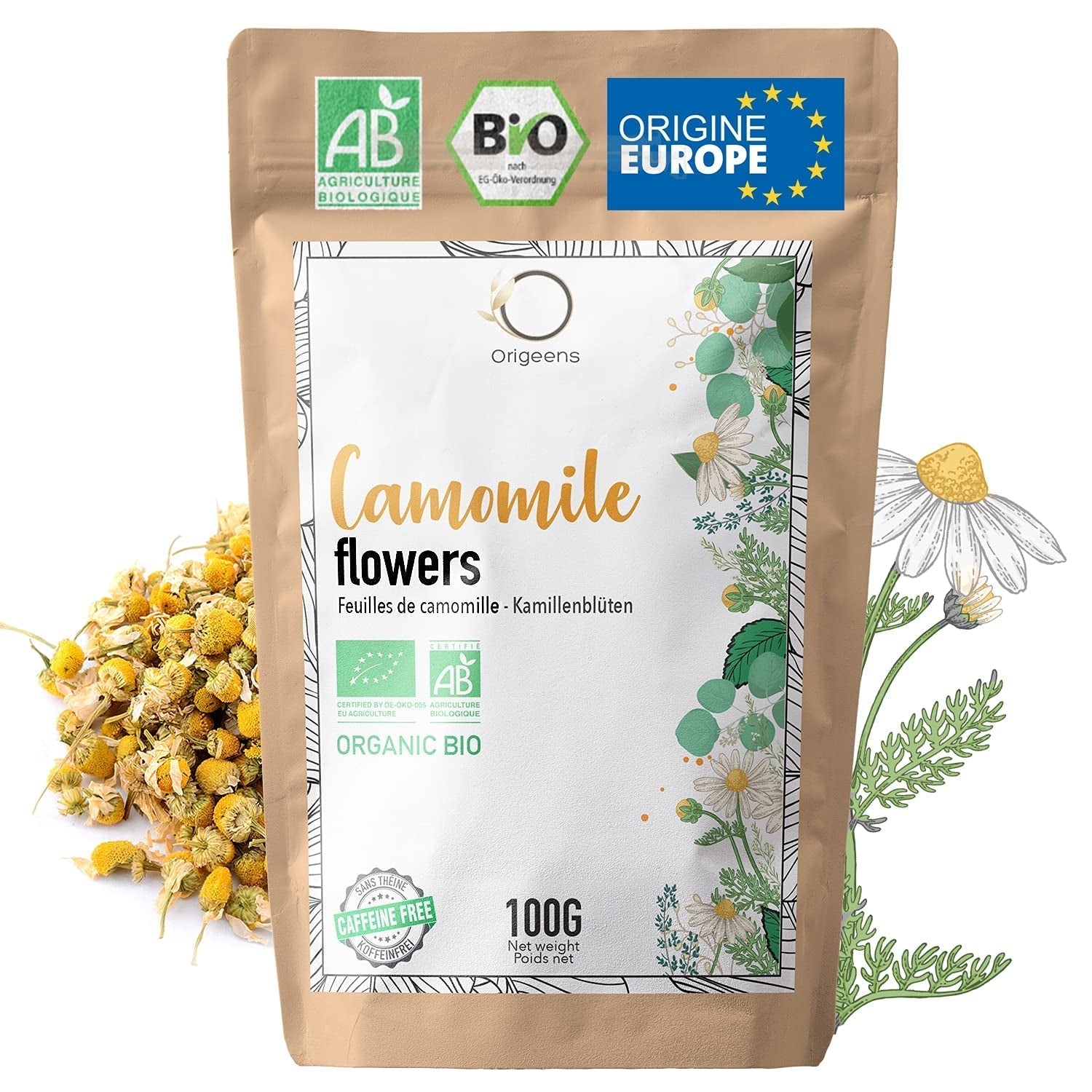 ORIGEENS Tisana ai fiori di camomilla biologica dall'Europa, 100 g | Tè sfuso, tè biologico per il sonno e la digestione | Camomilla tedesca | Certificato e confezionato in Germania