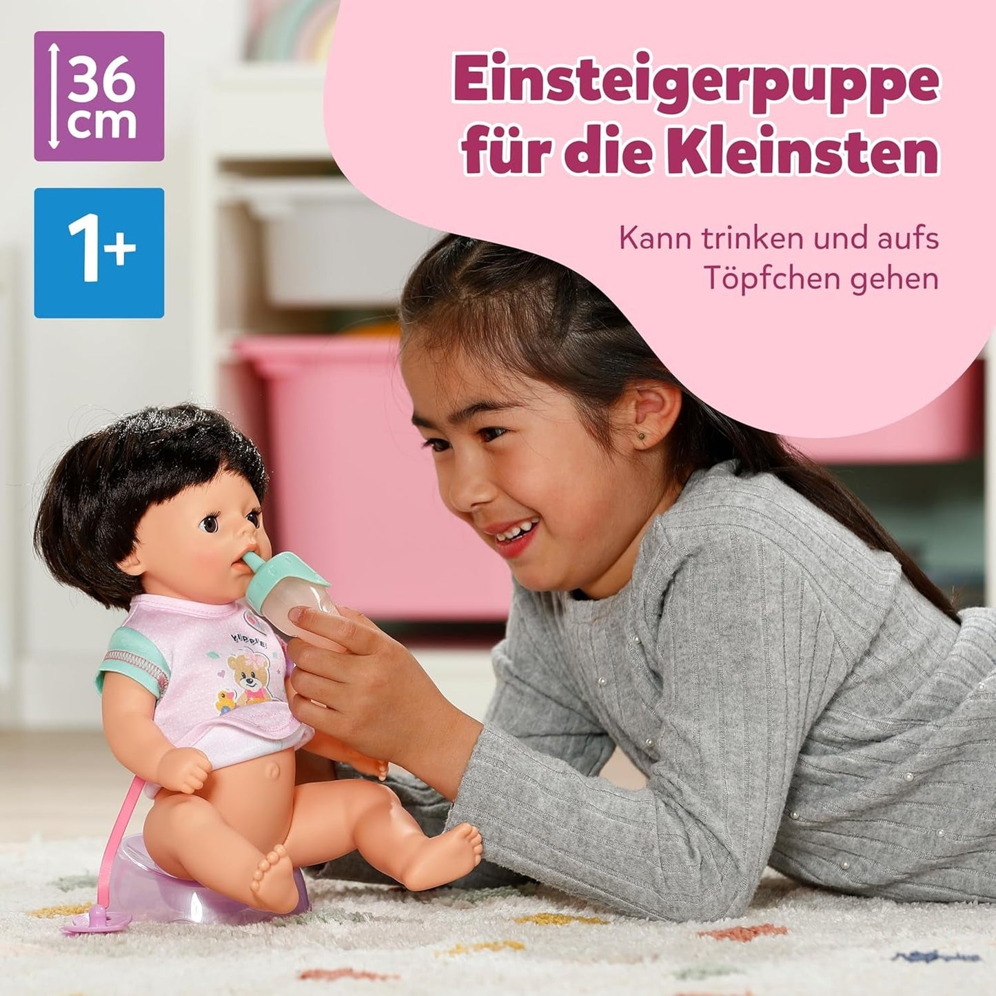 BABY Born Amy - Bambola da 36 cm - Bambolina con 7 funzioni per bambini a partire da 1 anno - Funziona senza batterie - Include accessori e materasso