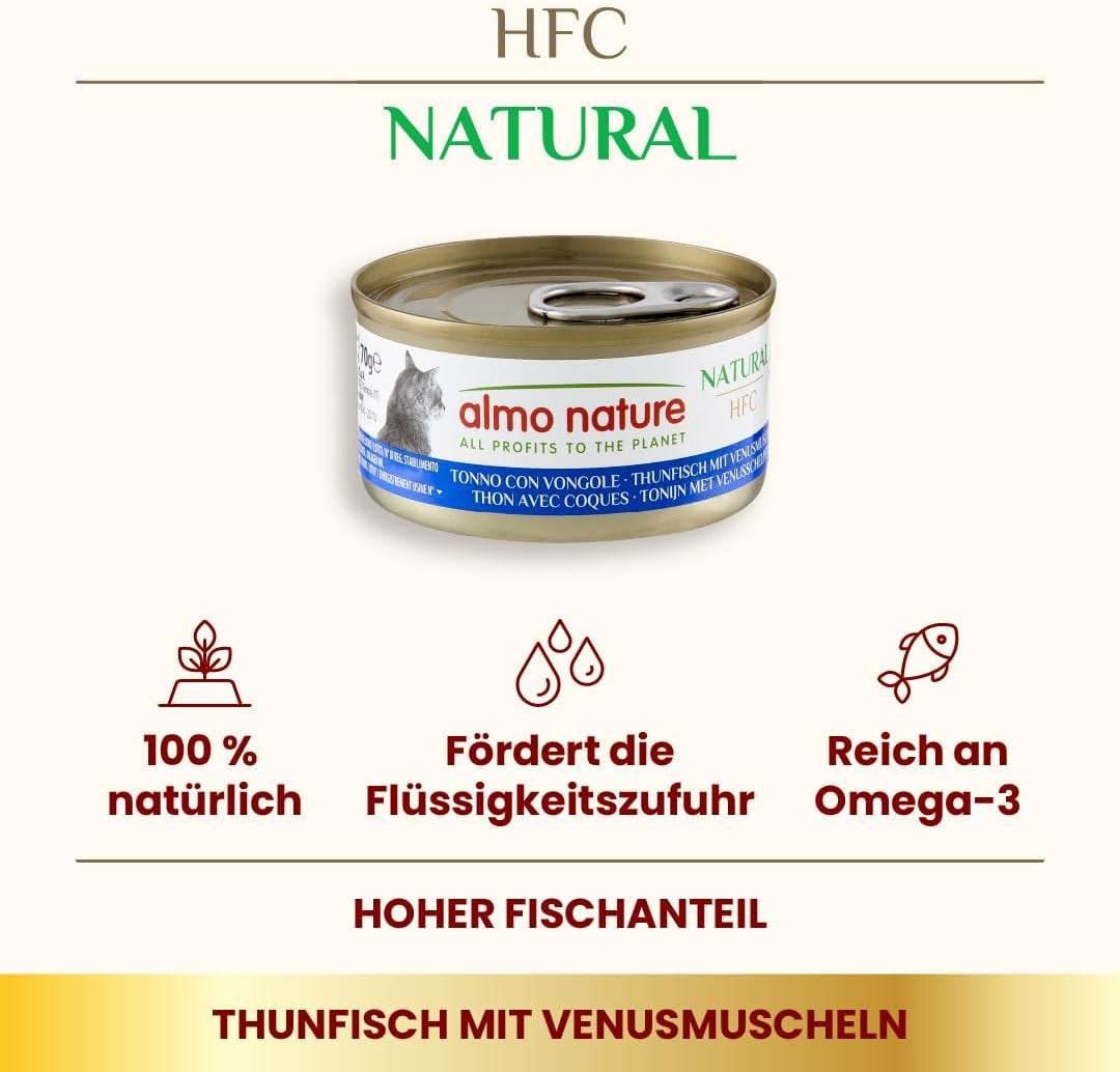 Almo Nature HFC Cibo umido naturale per gatti - Tonno con vongole, confezione da 24 (24 x 70g)