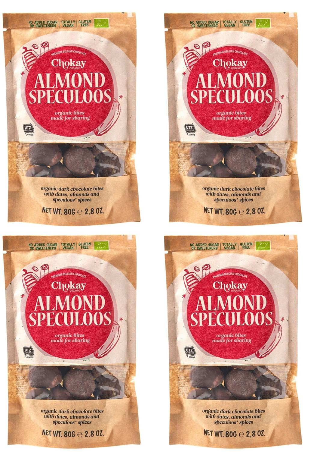 Set di 4 bocconcini biologici - Mandorle alla cannella/Mandorle alla cannella in cioccolato fondente belga/Senza zuccheri aggiunti, senza dolcificanti/VEGAN e COMMERCIO EQUO / 4 x 85 g