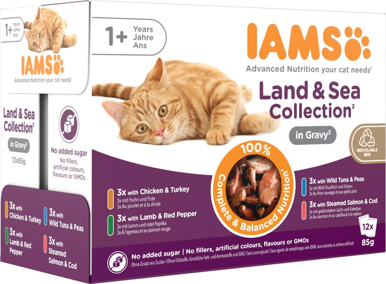 IAMS Delights Collezione Land & Sea Cibo umido per gatti - Assortimento di carne e pesce Multipack in salsa, Cibo umido per gatti da 1 anno in su, 12 x 85 g