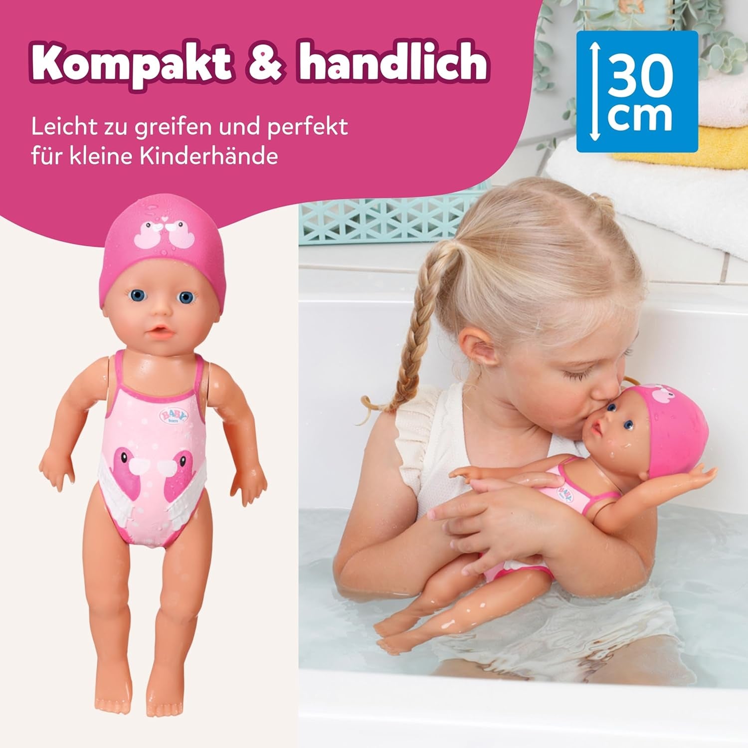 BABY Born My First Swimmer Girl - Bambola da 30 cm - Bambola da Bagno con Meccanismo Girevole, Impermeabile - Funziona senza batterie - Adatta per bambini da 1 anno in su