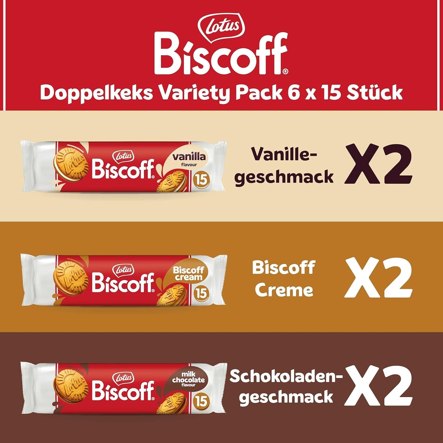 Loto Biscoff | Confezione varietà di biscotti doppi | 3 varietà | 2 pacchetti per varietà | 15 biscotti doppi per confezione | Ingredienti di origine naturale | Senza coloranti | 6 x 150 g | 900 g