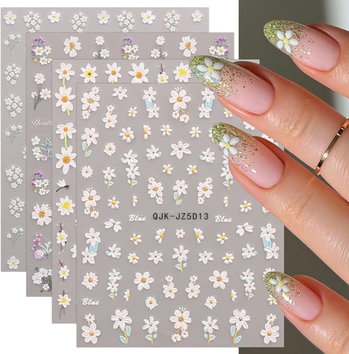 JMEOWIO 3D Nagelsticker Blumen Nail Art Sticker Selbstklebend Nagelaufkleber 5D Stereoscopico Estate Frühling Blumen Dekoration Nageldesign Zubehör 4 Blatt