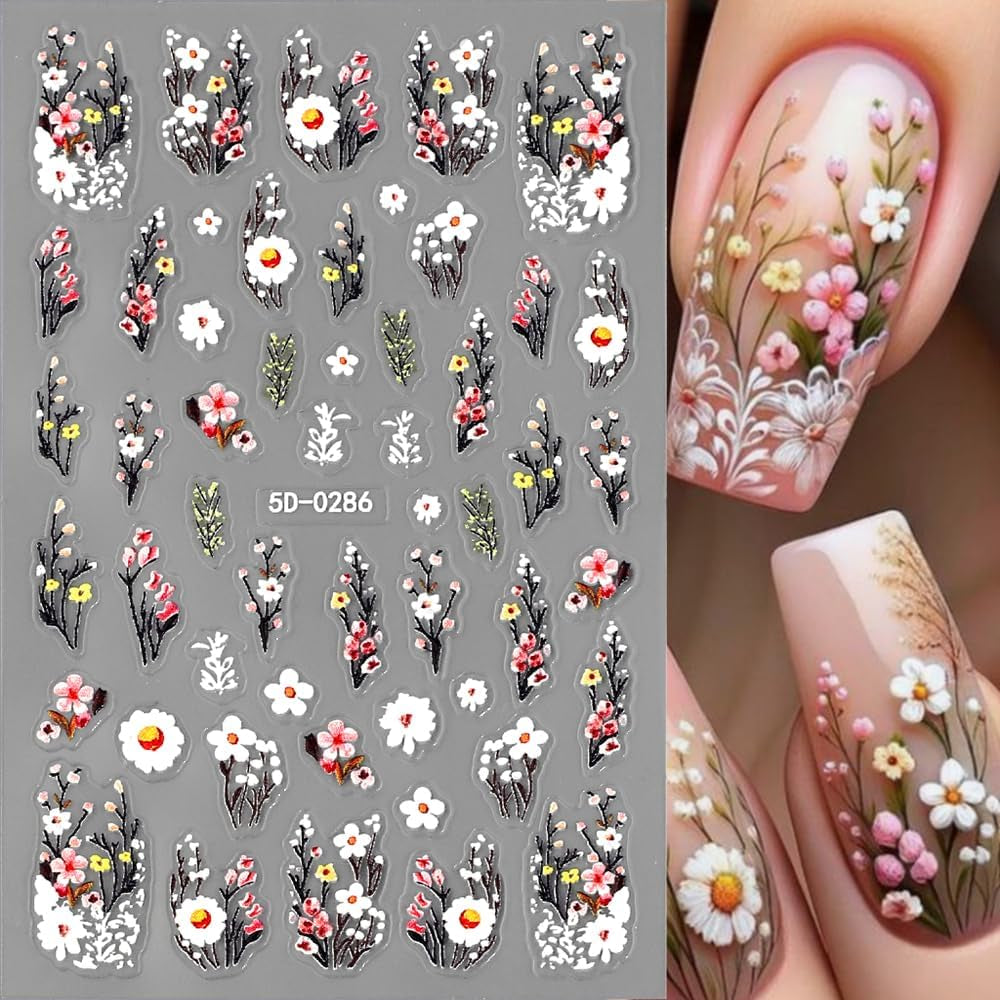 Adesivi per unghie con fiori di prugna, Adesivi per unghie con fiori bianchi e rosa, Adesivi per unghie con fiori in rilievo, Adesivi per unghie con fiori primaverili ed estivi, Disegni per unghie, Accessori per unghie, Nail Art