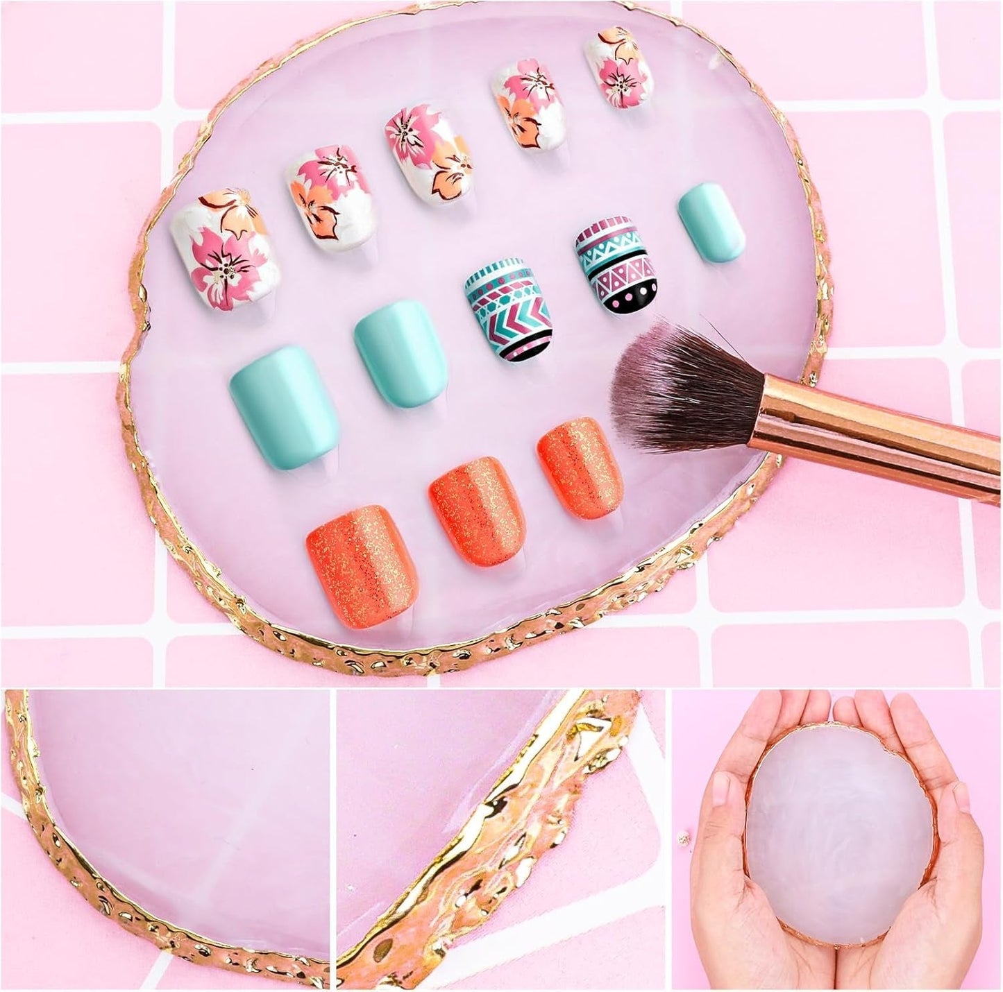 Harz Nail Art Palette, Maniküre Gemalt Palette, Goldener Rand Nagelleck Palette, Nail Art Make up Palette Display Fach Nagel DIY Zubehör (Bianco)
