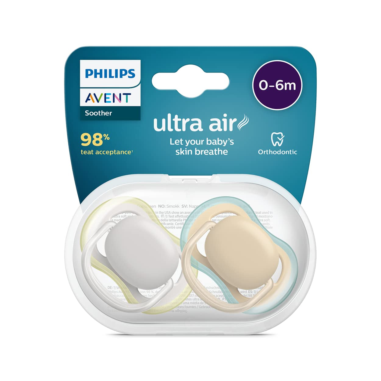 Philips Avent Ultra Air Succhietti Confezione da 2 - Ciucci con Bisfenolo A per Bambini da 0 a 6 Mesi (Modello SCF085/15) Marrone/Verde