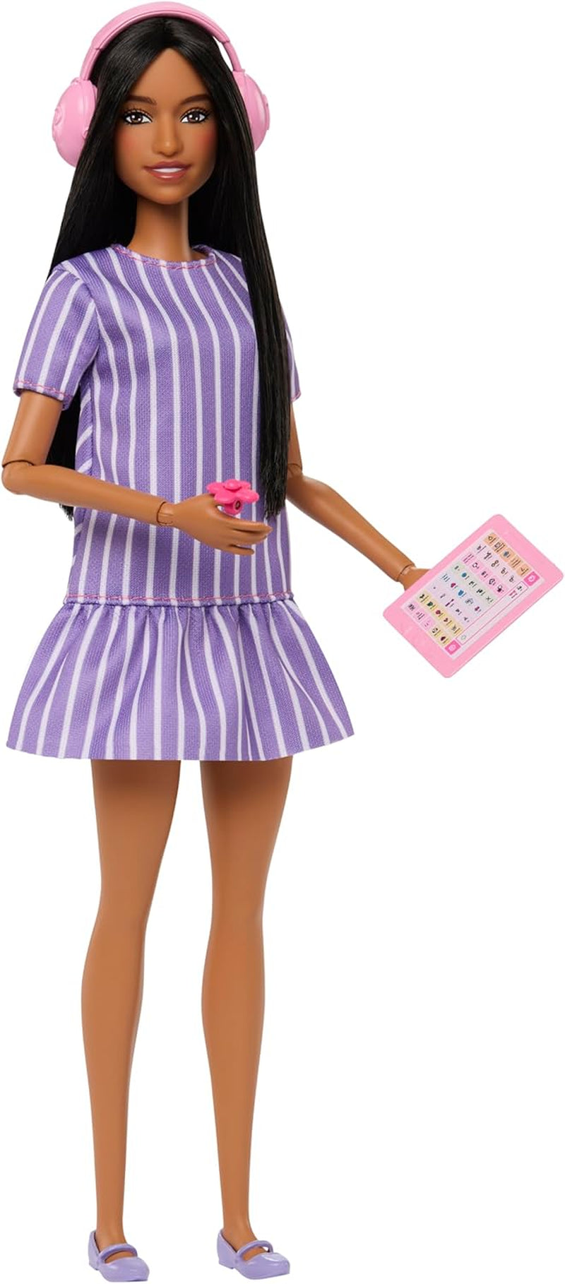 Bambola Barbie Fashionistas n. 245, bambola autistica con vestito a righe viola e accessori come fidget spinner, tablet e cuffie, JJN58