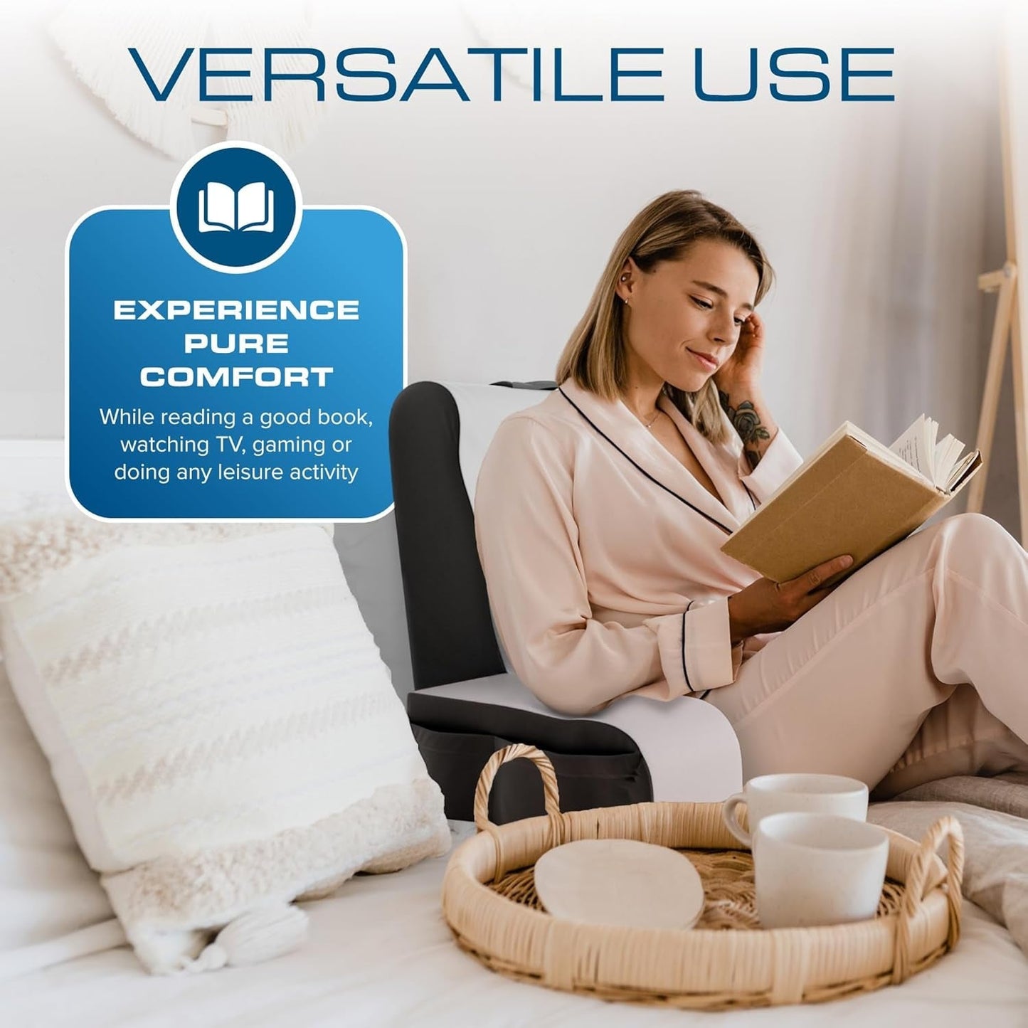 Cuscino per lettura a cuneo, Cuscino per schienale letto, Cuscino per braccioli per TV, Libri, Giochi, Camera da letto, Supporto per la schiena (Grigio/Bianco, Standard)