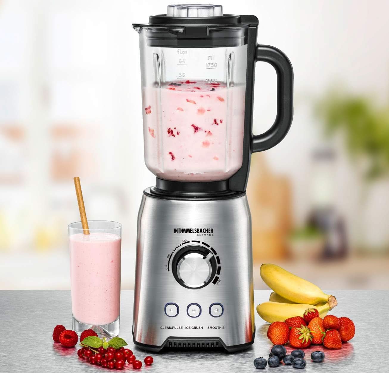 ROMMELSBACHER Robot da cucina MX 1250-22.000 U/Min, Stufenlose Drehzahlregulierung, Funktionsstasten (Smoothie, Clean/Pulse, Ice Crush), Glaskrug, Edelstahlgehäuse, Spezialmesser, 1200 Watt Kitchen Naty Shop