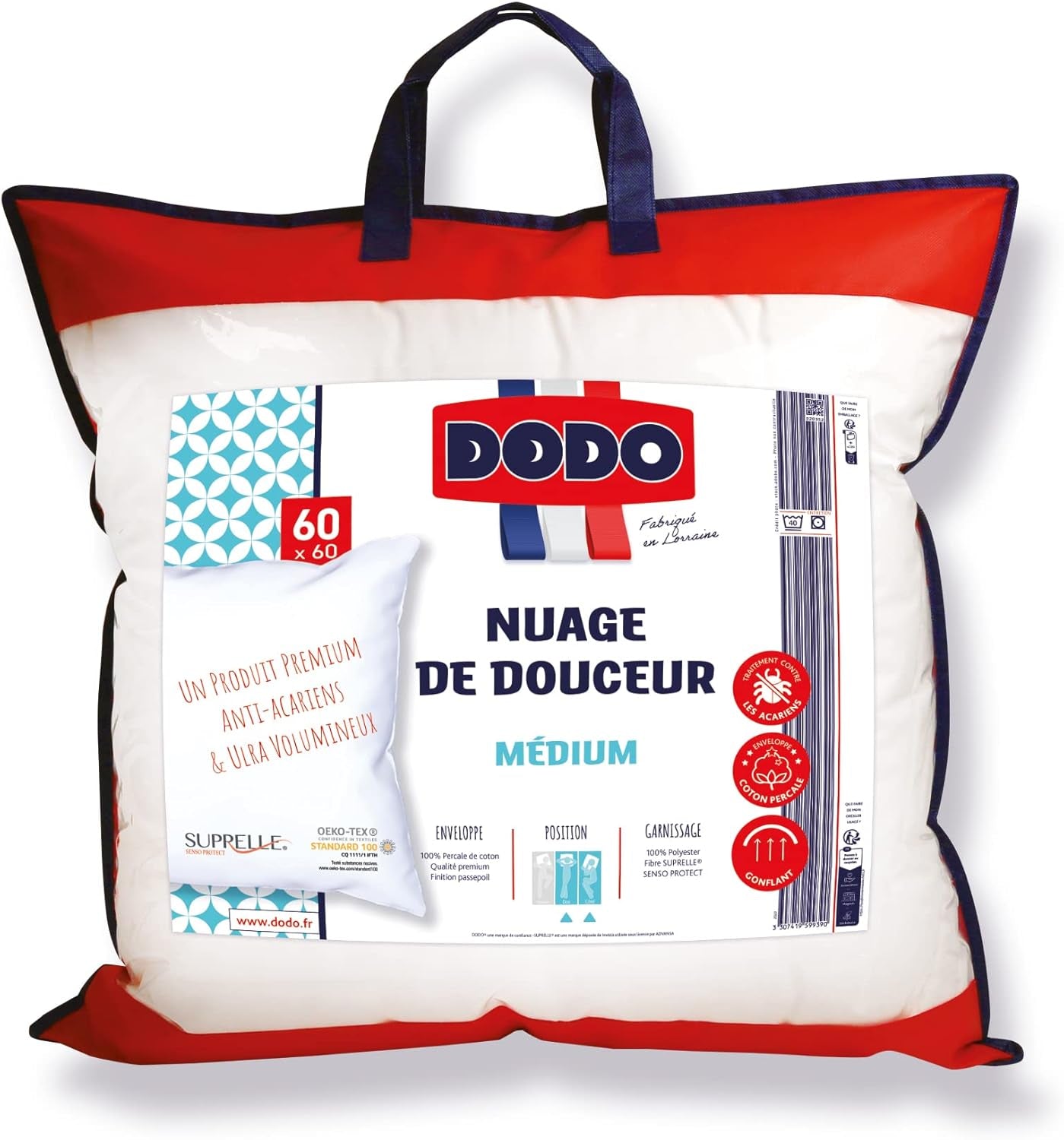 Cuscino DODO Premium, 60 X 60 Cm, Comfort Medio, Cuscino Cloud De Douceur | Antiacaro e soffice | Cotone Percalle + Piping Lavabile in lavatrice a 40°C Cuscini standard Naty Shop