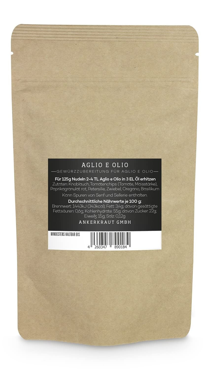 Ankerkraut Aglio e Olio, Gewürzmischung italiano per pasta e spaghetti classici, 120 g in sacchetto aromatico