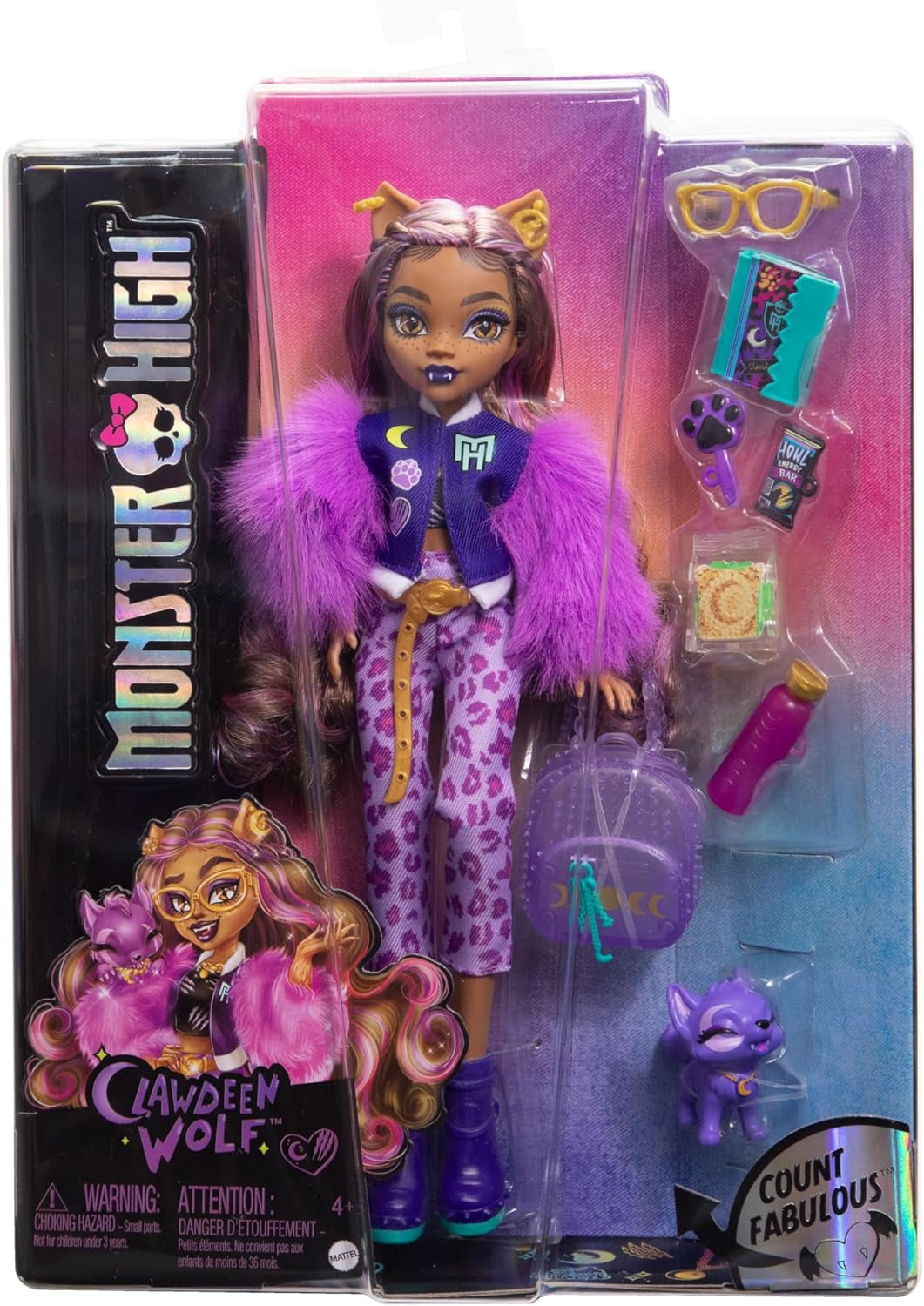 Monster High Clawdeen Lupo Bambola con Cucciolo Mezzaluna e Accessori come Zaino, Calendario, Snack e Altro, HRP65