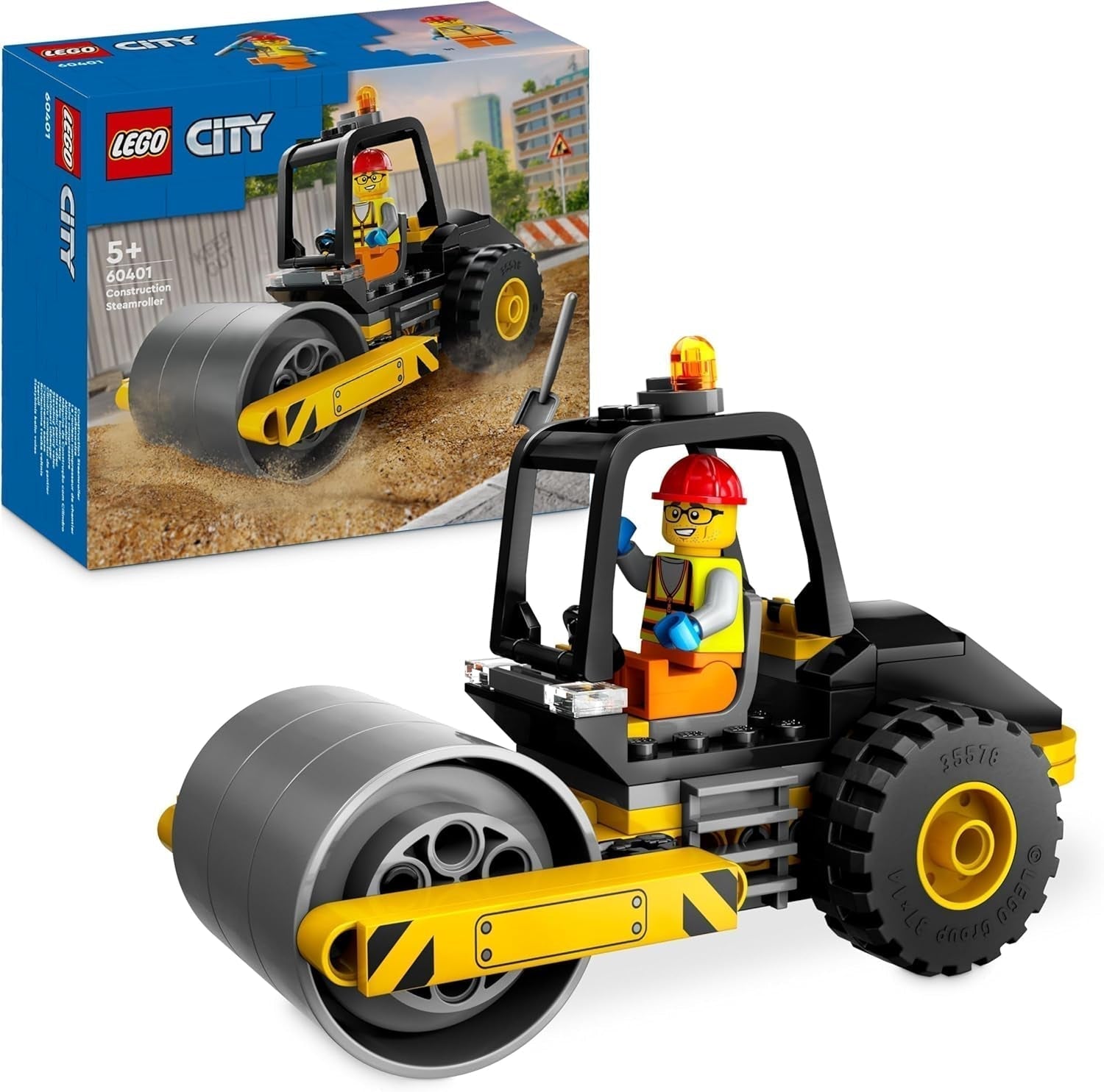 LEGO City Veicolo da costruzione Rullo compressore per bambini di 5 anni Giocattolo Rullo a vapore con minifigure di operaio edile Esperienza di gioco fantasiosa per ragazzi e ragazze Piccolo regalo divertente 60401 Set di costruzione Beuche den LEGO-Store Single