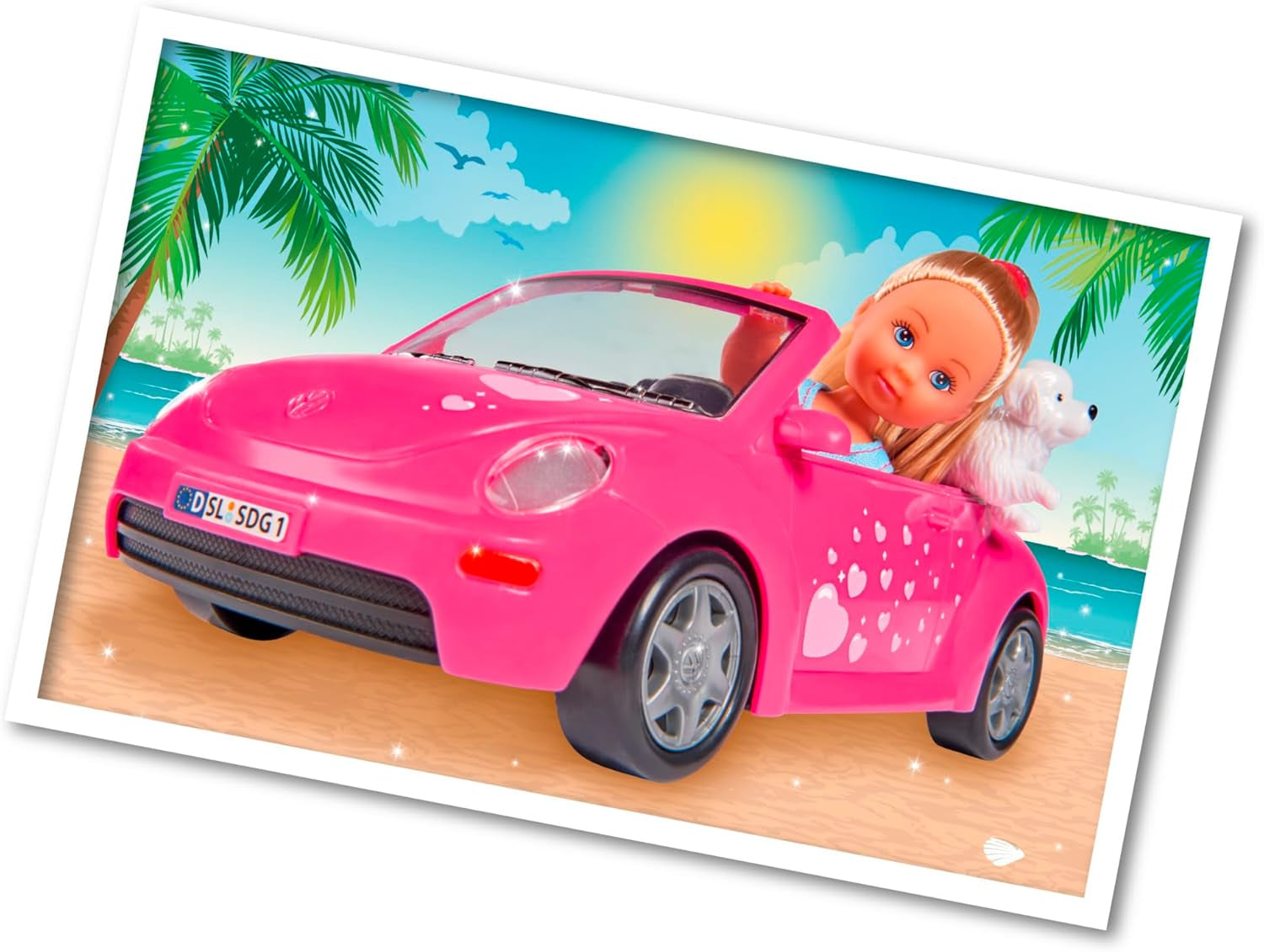 Simba 105731539 - Evi Love Beetle Evi's, Evi con macchina, macchina: 22 cm, con cane, bambola fashion, 12 cm, per bambini dai 3 anni in su