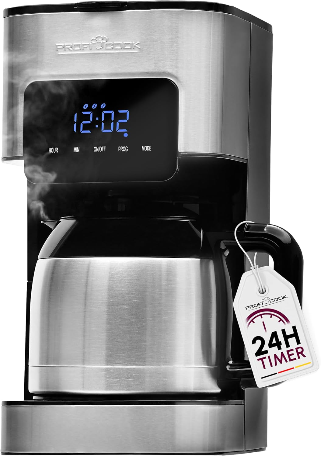 Macchina da caffè Profi Cook | 8-10 tazze | Temporizzatore | Controlli tattili con sensore | Caraffa termica a doppia parete da 1,2 litri | Sigillo di sapore | Caffettiera con filtro in acciaio inox | PC-KA 1191