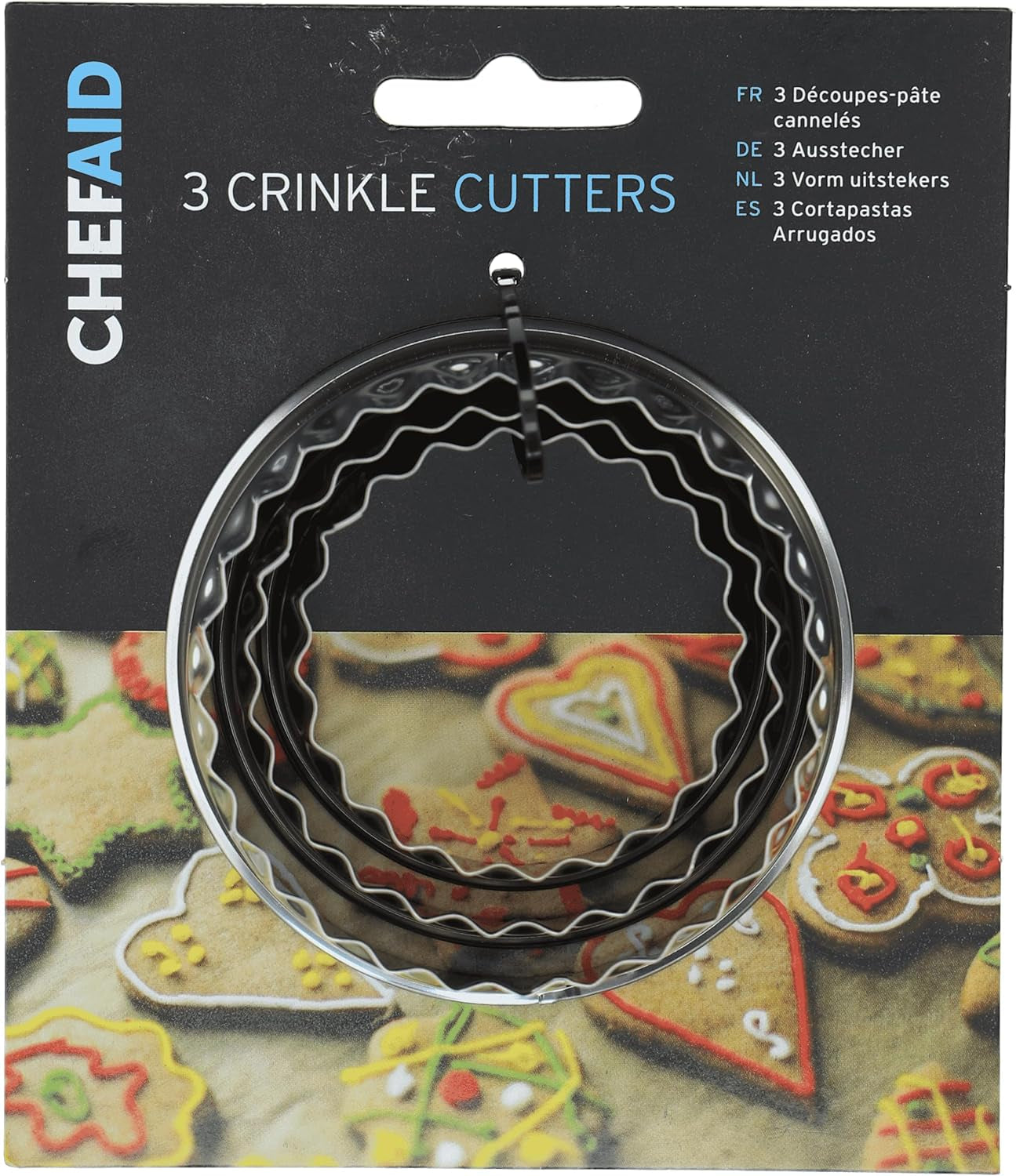Set di 3 stampi per biscotti Chef Aid: formine per biscotti, focaccine, torte, mini quiche e pasta, ideali per dolci fatti in casa, decorazione di torte, fondente, cerchi scanalati in acciaio inossidabile.